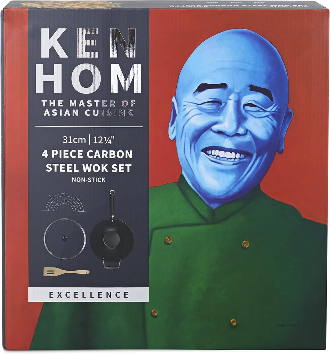 Ken Hom Carbonstahl Wokpfanne Set, 31cm, Excellence, Wok Induktion mit Deckel, Ablagegitter und Zube