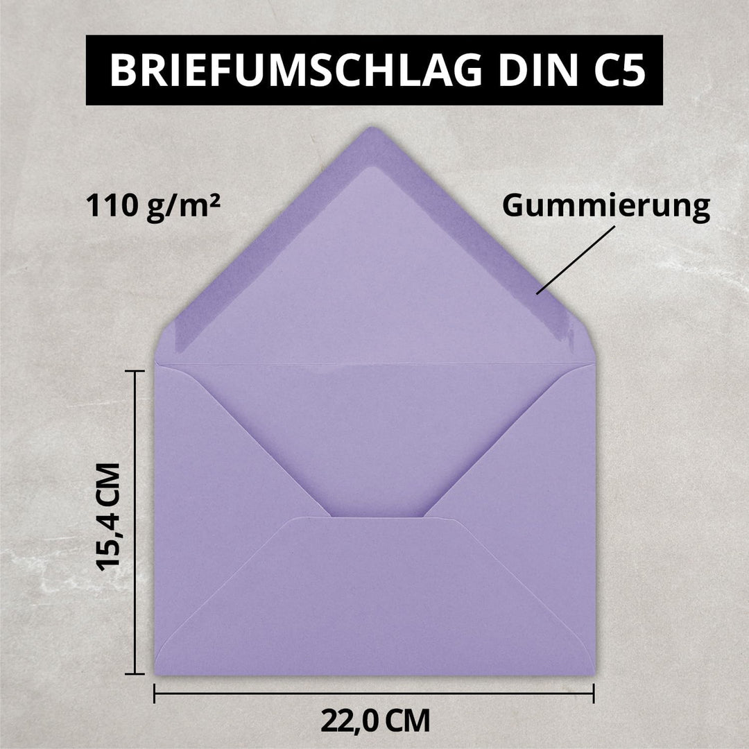 Briefumschläge in Lila - 150 Stück - DIN C5 Kuverts 22,0 x 15,4 cm - Nassklebung ohne Fenster - Weih
