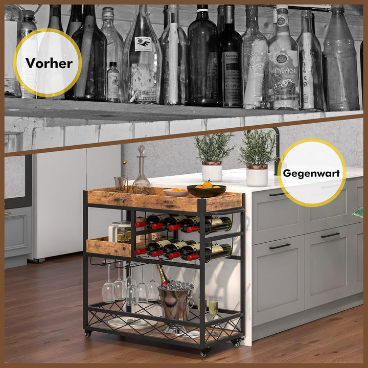 GOPLUS 3-stöckiger Servierwagen, mobiler Barwagen mit 8-Flaschen Weinregal und 12 Glashalter, Küchen