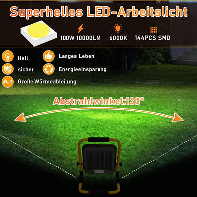 Ikodm LED Baustrahler, 2x100W Tragbares Flutlicht Baulampe, 10000LM 6000K Kaltweiss Bauscheinwerfer,