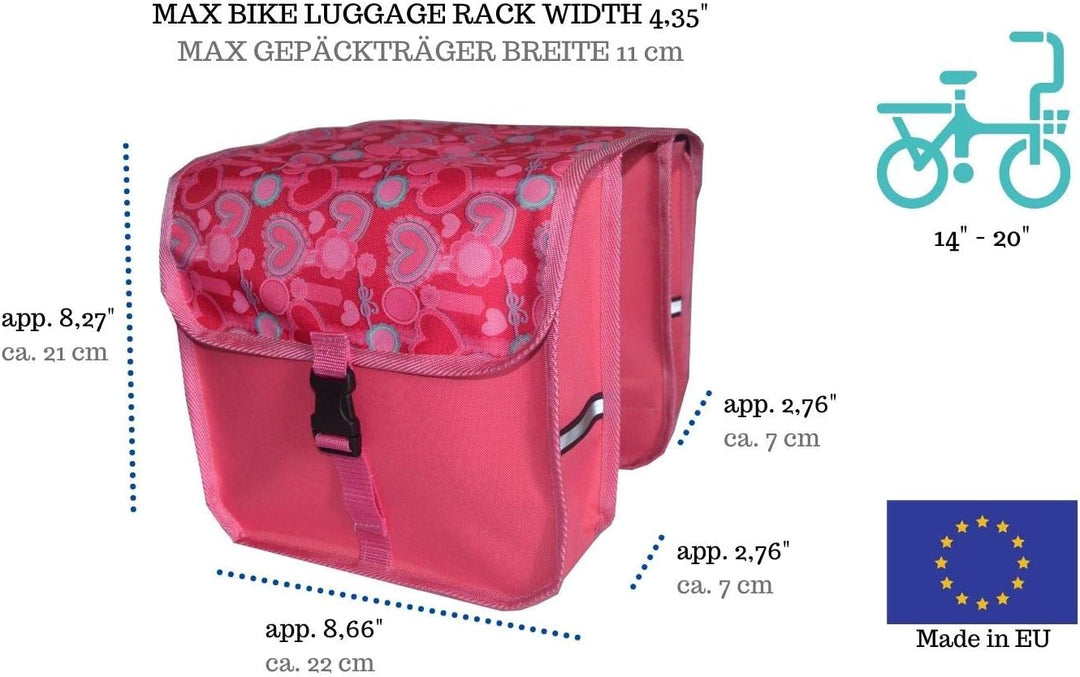 FAHRRADTASCHE 14-20 Zoll Kinder Satteltasche Gepäckträgetasche Doppel 2 x 5l 42. - Mini - Herzen Ros