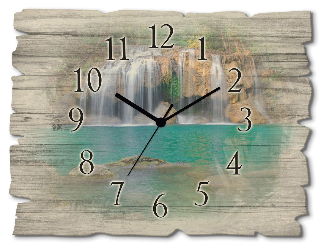 ARTLAND Wanduhr ohne Tickgeräusche aus Holz Funkuhr 40x30 cm Rechteckig Lautlos Wasserfall Landschaf