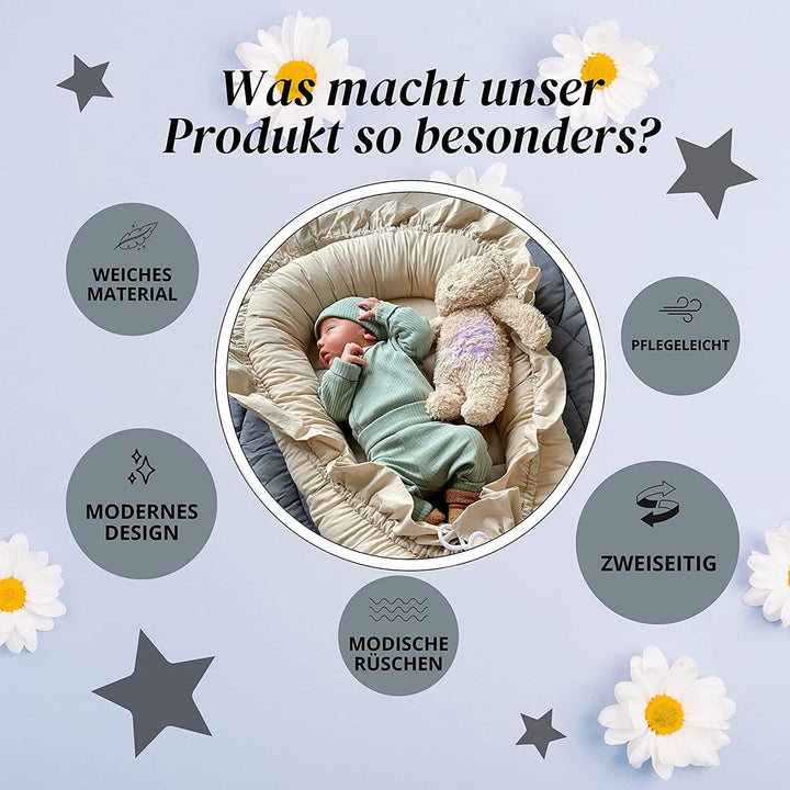 PIMKO Babynest mit rüschen Babynestchen für Baby Kuschelnest Babykokon für Säuglinge und Neugeborene