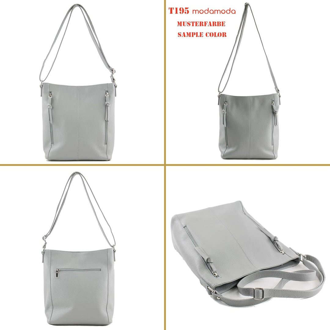 modamoda de - T195 - ital Umhängetasche Schultertasche aus Leder Blassbraun, Blassbraun