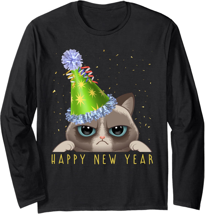 Frohes Neues Jahr 2023 Lustige Silvester Katze mit Party Hut Langarmshirt