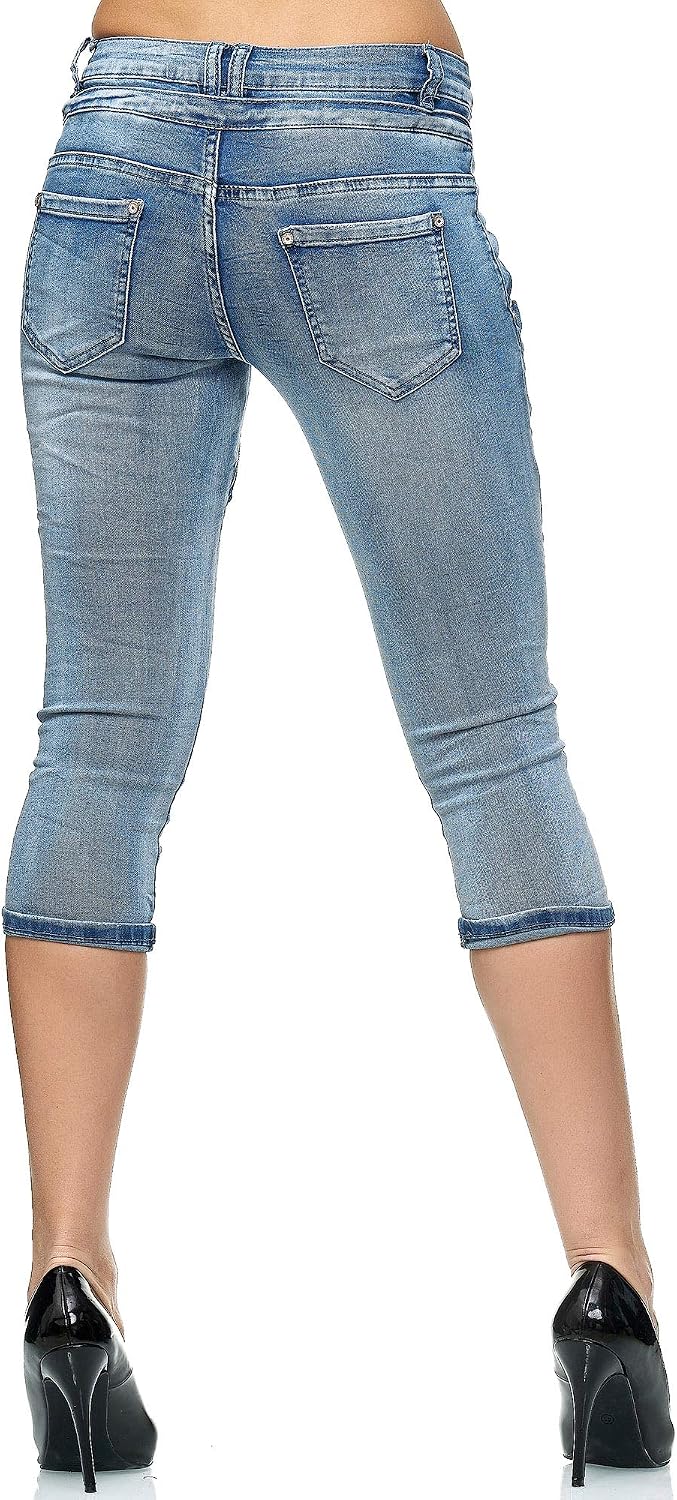 Elara Damen 3/4 Jeans Slim High Waist Capri Hose Chunkyrayan 38 Slim Blau, 42 Slim