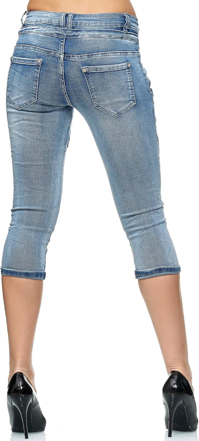 Elara Damen 3/4 Jeans Slim High Waist Capri Hose Chunkyrayan 42 Slim Blau, 42 Slim Blau