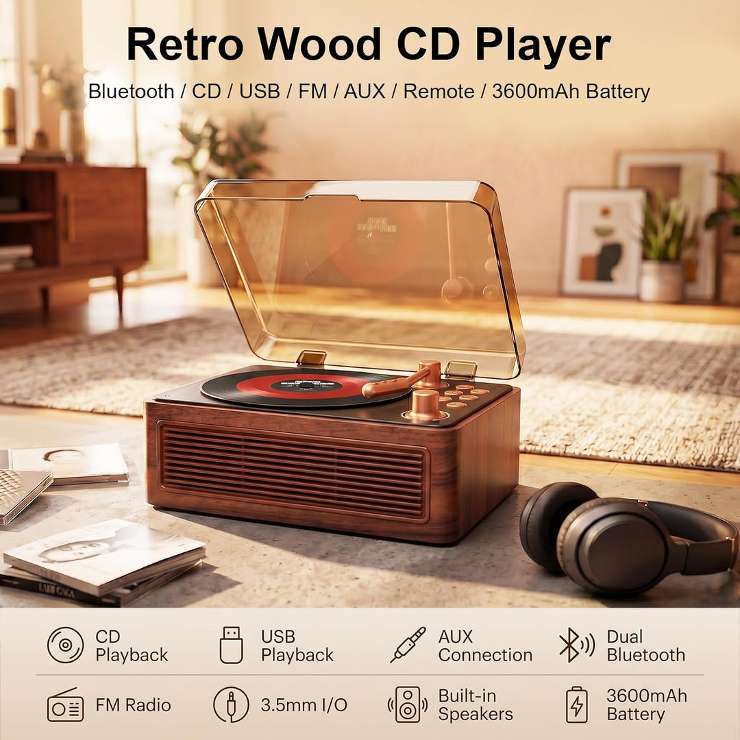 Gueray Tragbarer Bluetooth CD-Player mit Lautsprechern 3600mAh Wiederaufladbarer Vintage CD Spieler