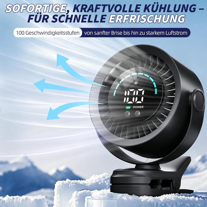 Clip Ventilator, Tragbarer Tischventilator Akku, 5 Geschwindigkeiten Leise Ventilator mit LED Displa