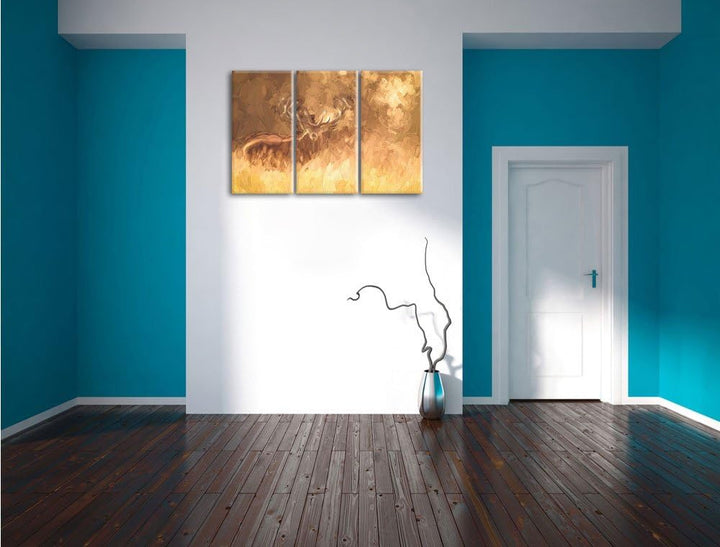 Pixxprint Rotwild im Morgenlicht / 3-Teilig/Gesamtmass 120cm Leinwandbild bespannt auf Holzrahmen/Wa