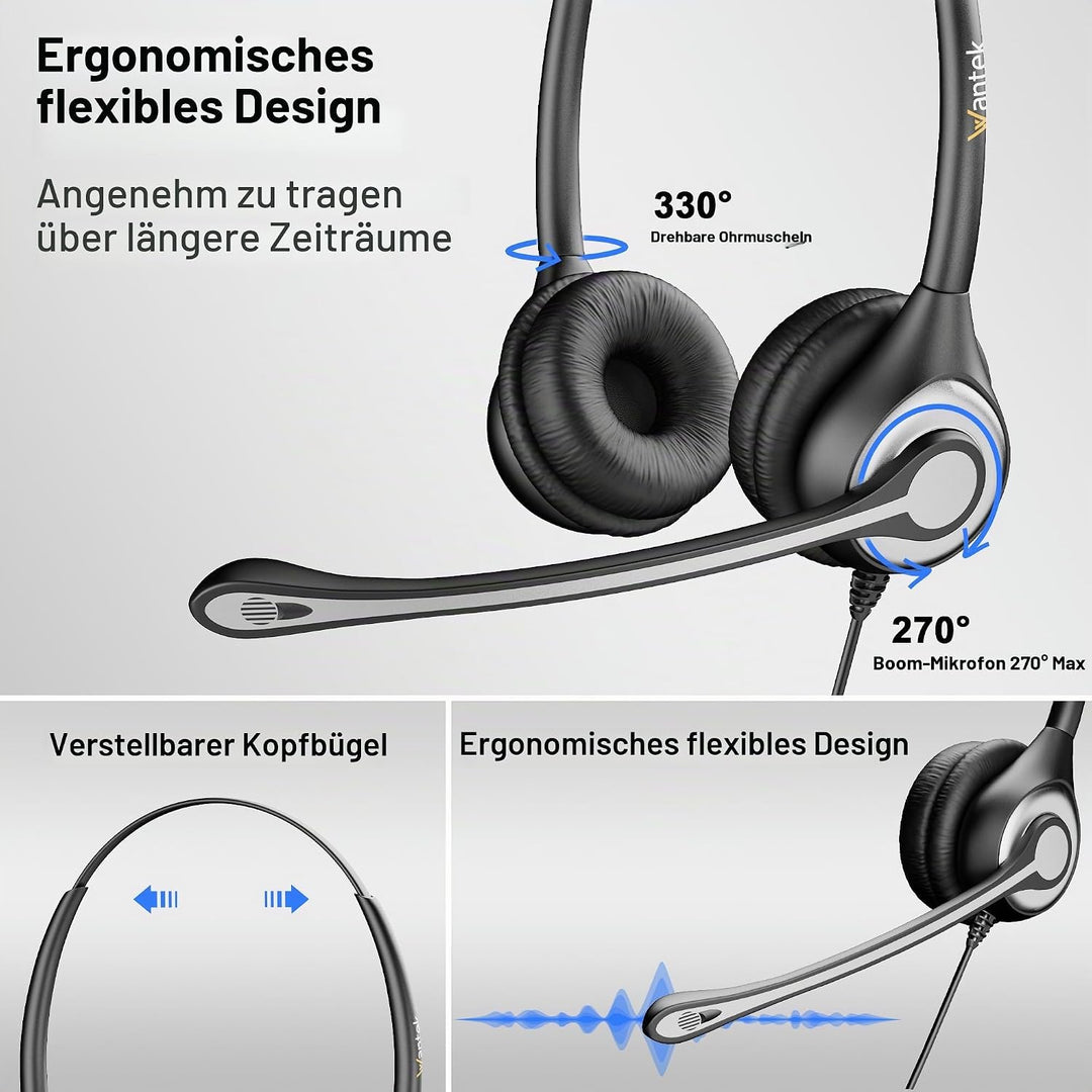 Wantek PC-Headset mit Mikrofon,USB/3,5-mm/Type-c-Anschluss 3 In-1 USB Headset, Kabelgebundene & Raus
