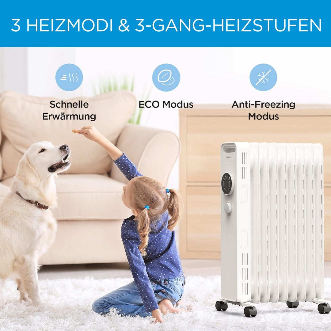 Midea Ölradiator 2000W, Heizlüfter Energiesparend Leise, Heizkörper mit 9 Rippen, Einstellbarem Ther