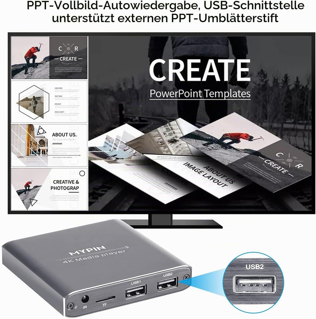MYPIN HDMI Multimedia Player, 4K@30Hz Digital Media Player HDMI/AV-Ausgang PPT MKV AVI RMVB RM für H