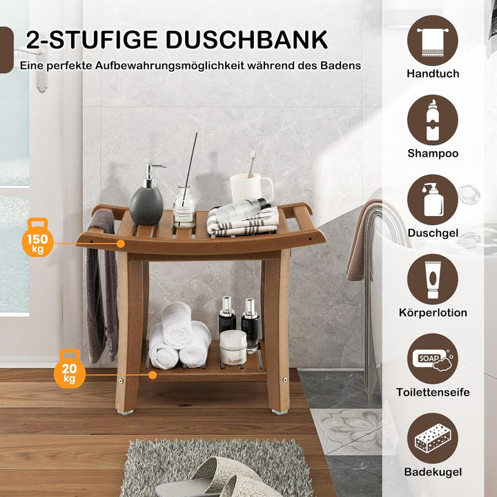GOPLUS Duschbank mit Ablage, Duschhocker für Beinrasur und Sauna, Duschsitz für Senioren und Erwachs