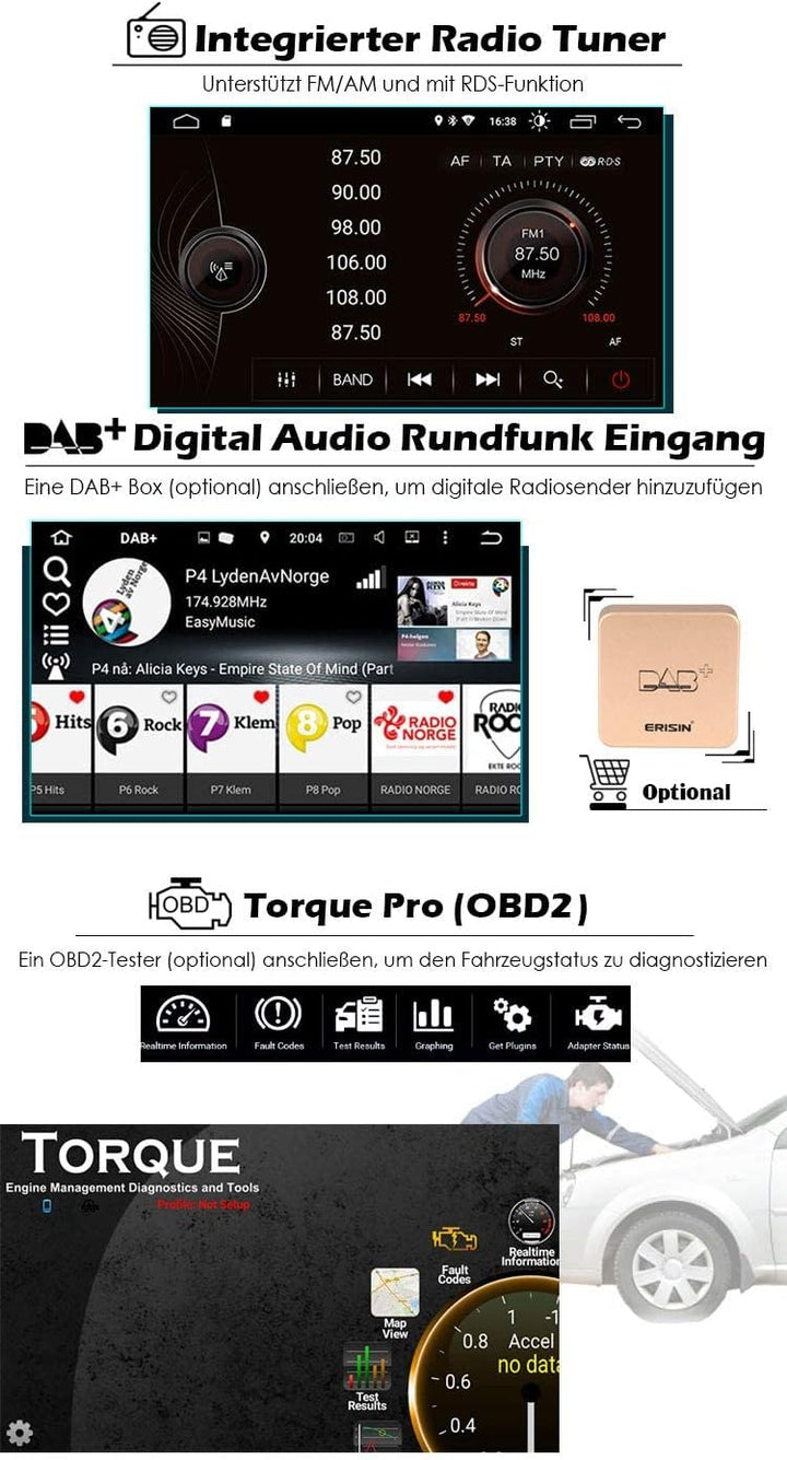 Erisin Android 10.0 Autoradio mit GPS Navi Für Audi A3 S3 RS3 RNSE-PU Bluetooth WiFi DAB+ OBD2 TPMS