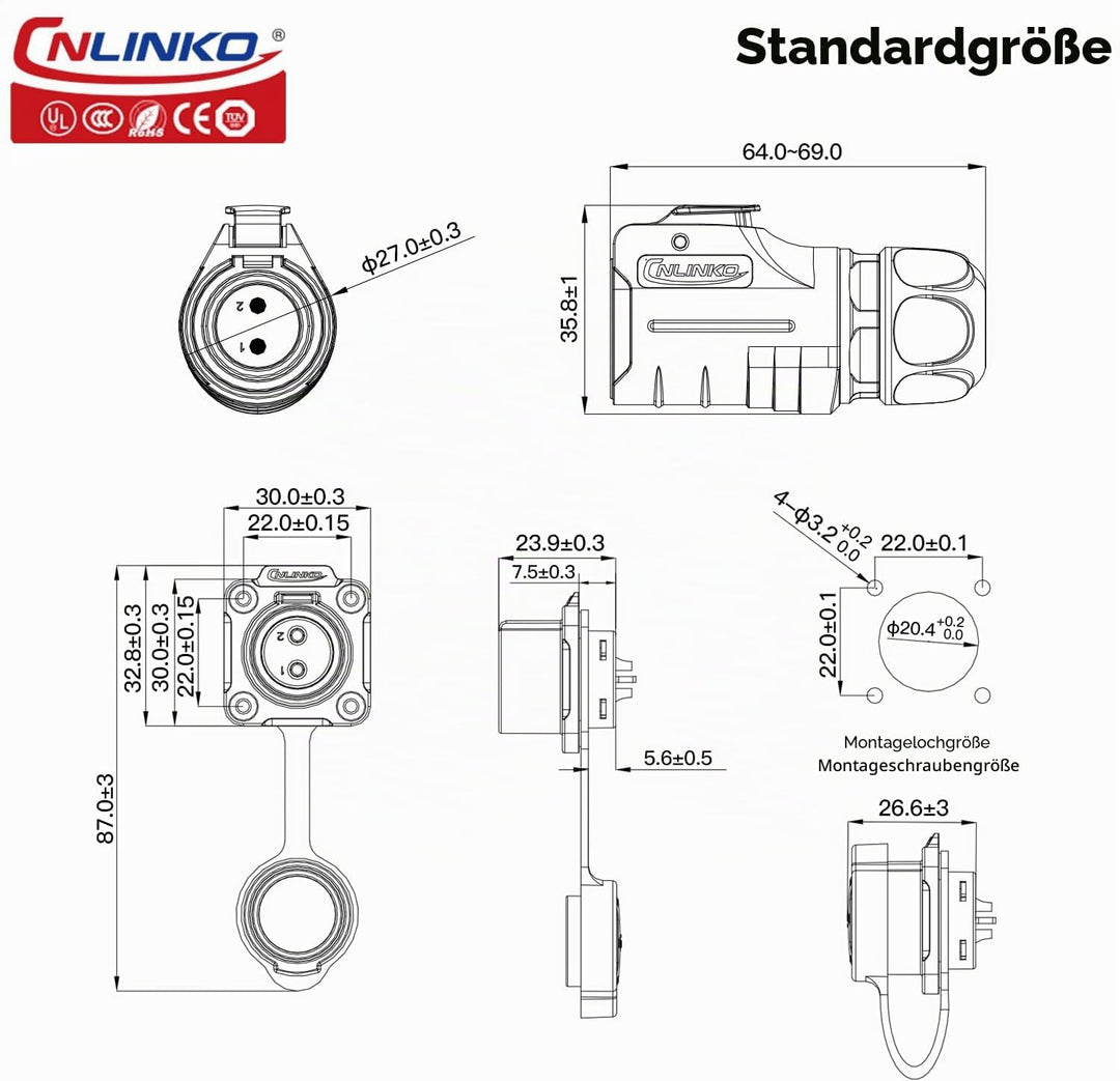 CNLINKO LP-20 Industrieller Wasserdichter Steckverbinder IP68 Rundsteckverbinder Schnellverschluss L