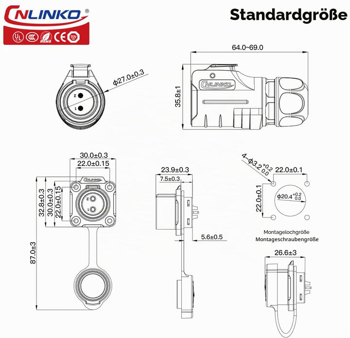 CNLINKO LP-20 Industrieller Wasserdichter Steckverbinder IP68 Rundsteckverbinder Schnellverschluss L