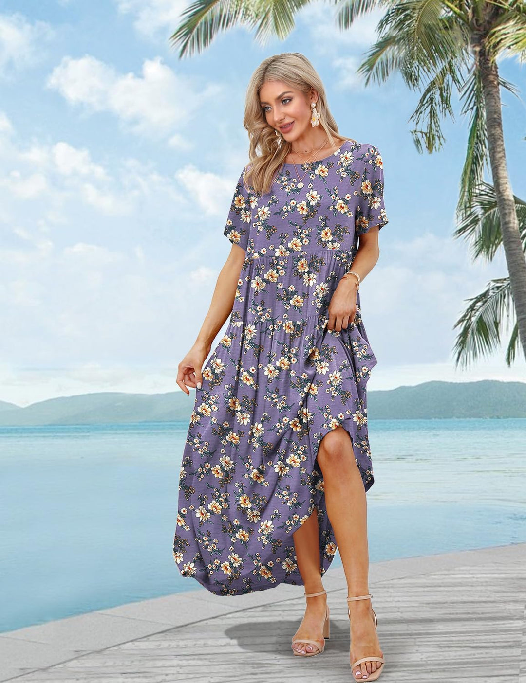 YESNO Damen Kleider Freizeit Lose Sommerkleid Lang Boho Maxikleid für Rundhals Strandkleid Blumenkle