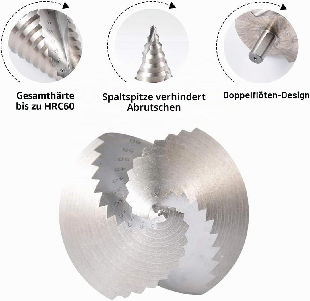 Hotiko HSS Stufenbohrer [12mm Schaft] Kegelbohrer Ø 6-60mm Schälbohrer ideal für Metall, Holz, Kunst