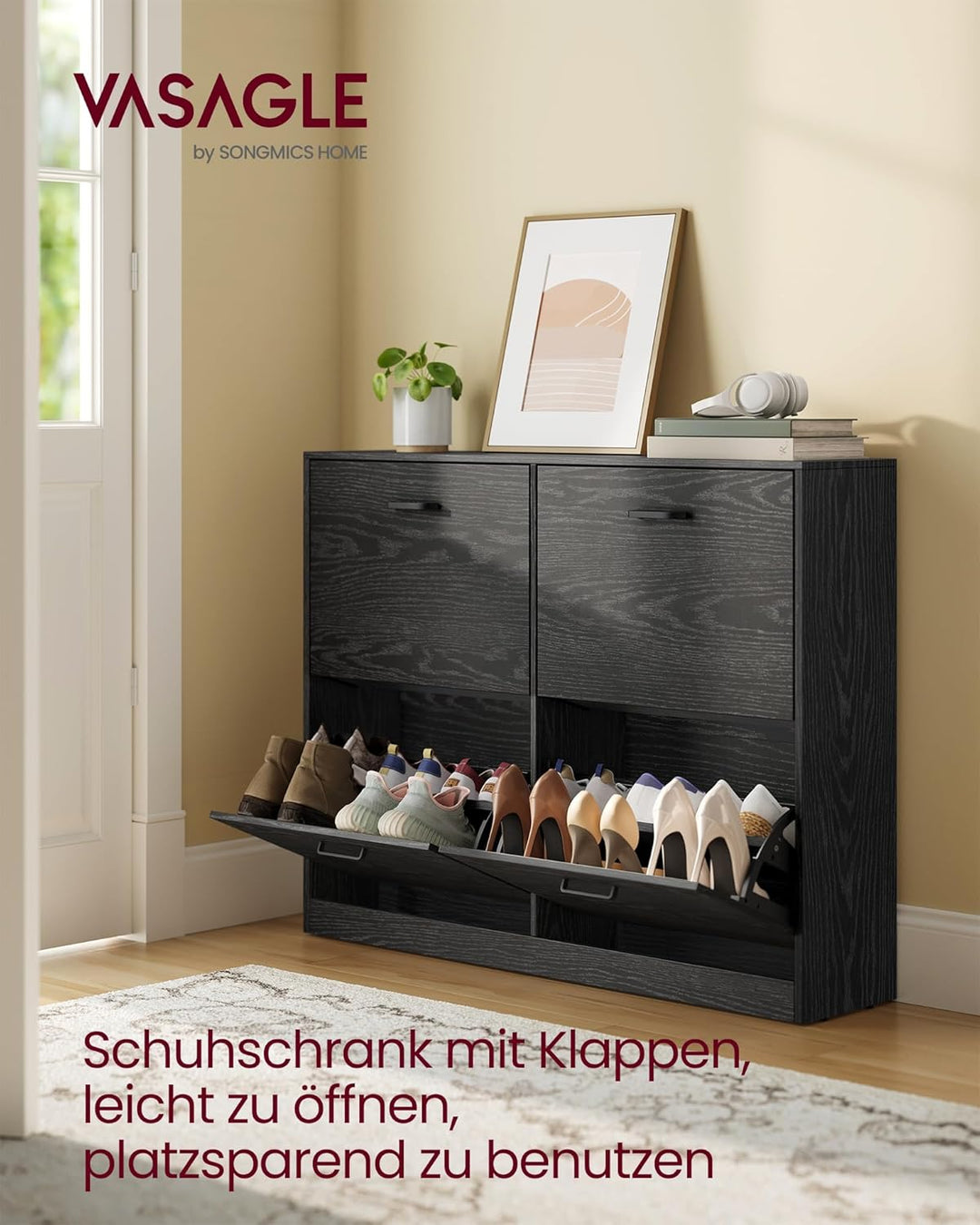 VASAGLE Schuhschrank 4 Klappen, Schuhkipper, Schuhregal, Schuhaufbewahrung, Trennwand verstellbar, f