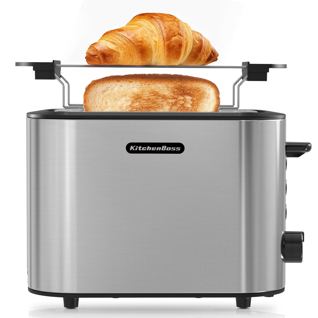 KitchenBoss Toaster 2 Scheiben 870W：Toaster Edelstahl mit Brötchenaufsatz und Krümelschublade, 6 Brä