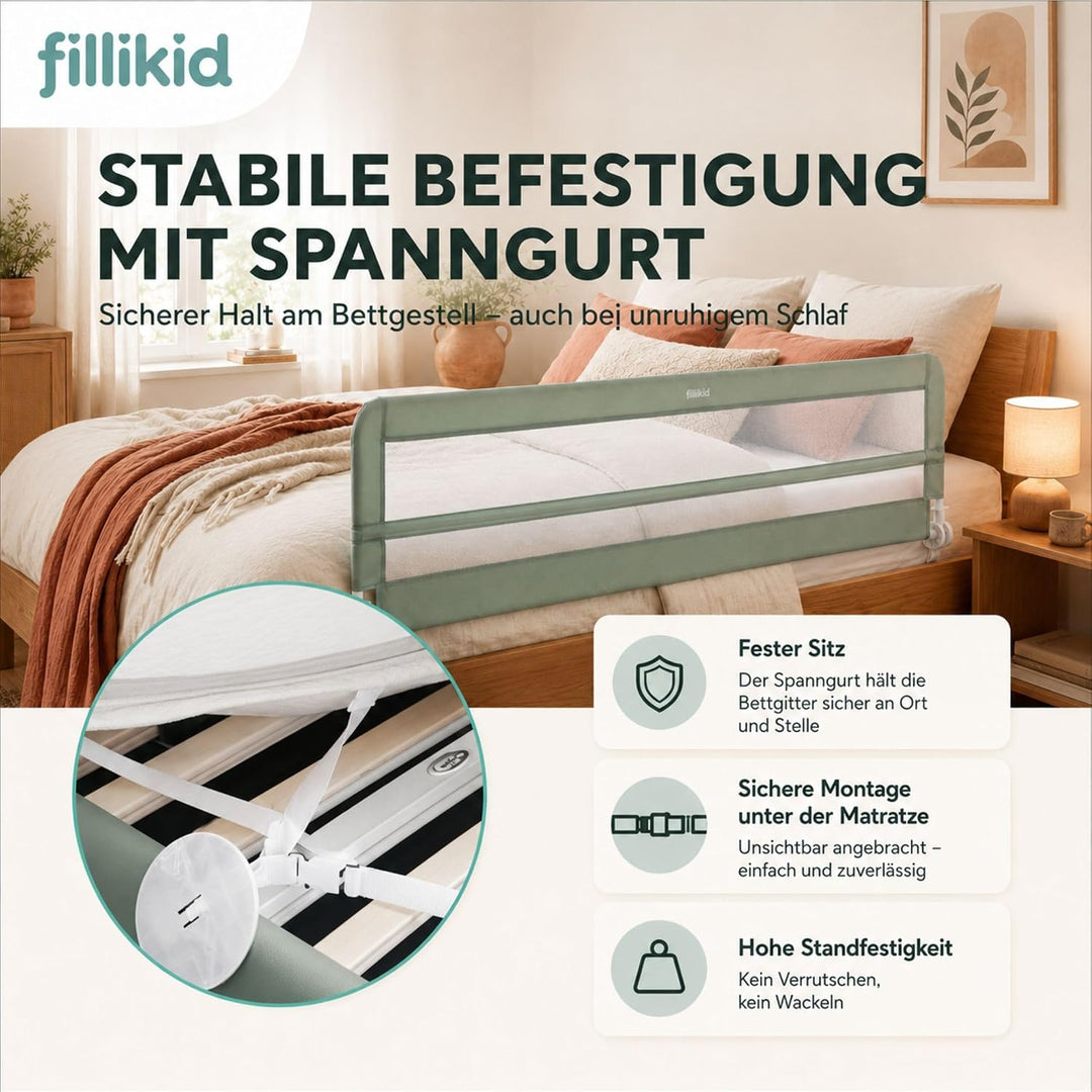 Fillikid Bettgitter Lina XL 180 x 50 cm Exklusiv | Rausfallschutz für Kinderbett & Boxspringbett | K