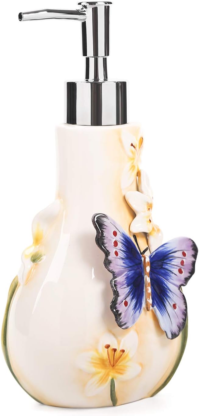 Seifenspender Keramik 3D Handbemalt Schmetterling und Lilien Blume Lotion Spender Badezimmer Zubehör