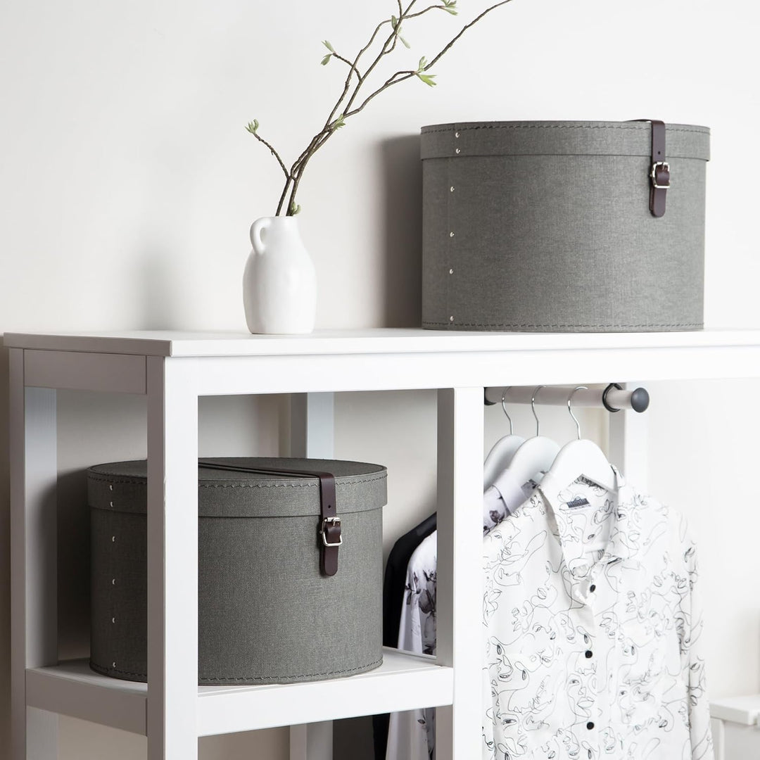 BIGSO RUT 2er-Set Aufbewahrungsbox mit Deckel – runde Ordnungsbox mit Lederriemen – grosse und klein