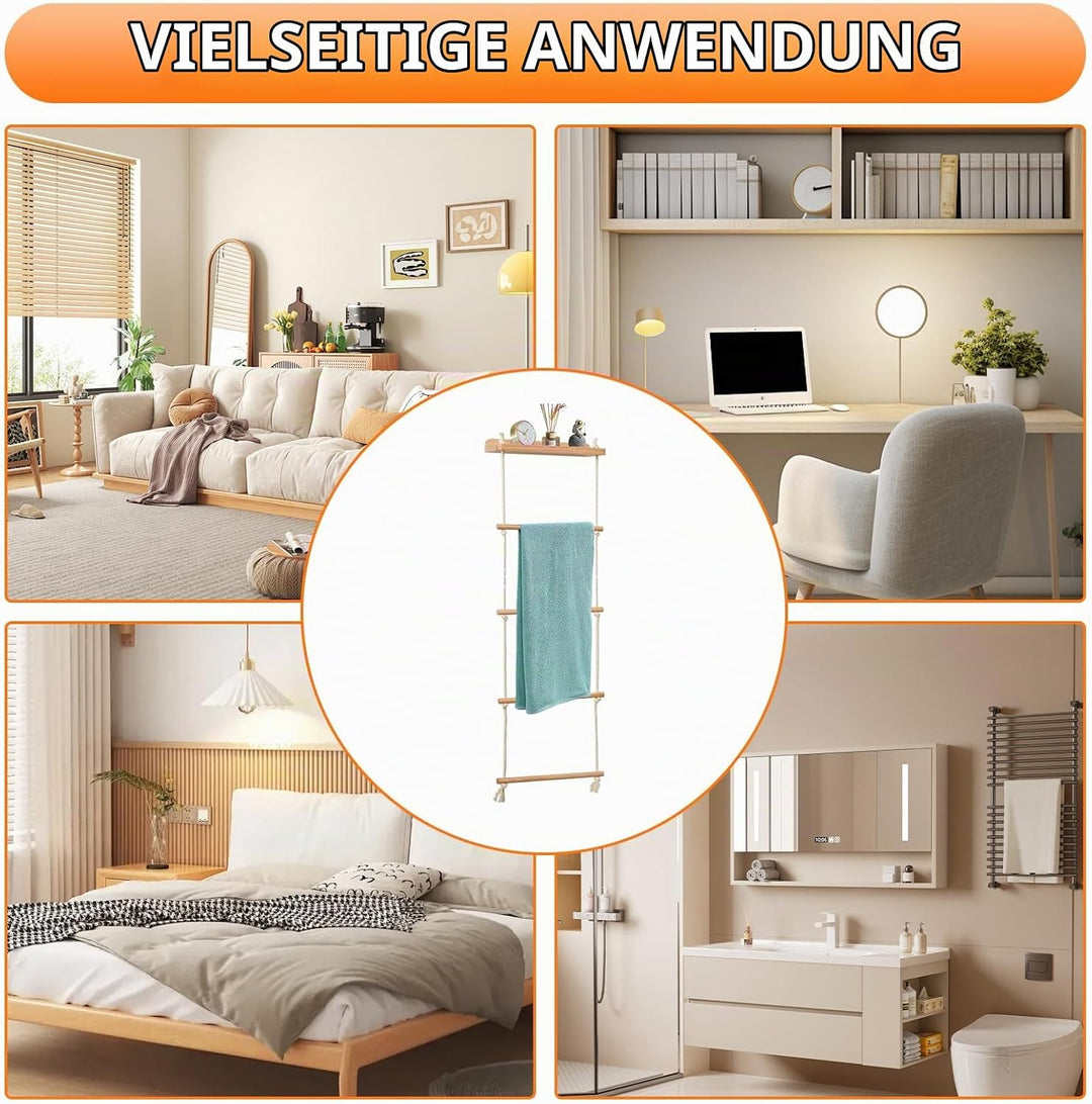 Handtuchleiter, 5-Schicht Handtuchregal Badezimmer Wand Montage Strickleiter Handtuchständer Holz mi