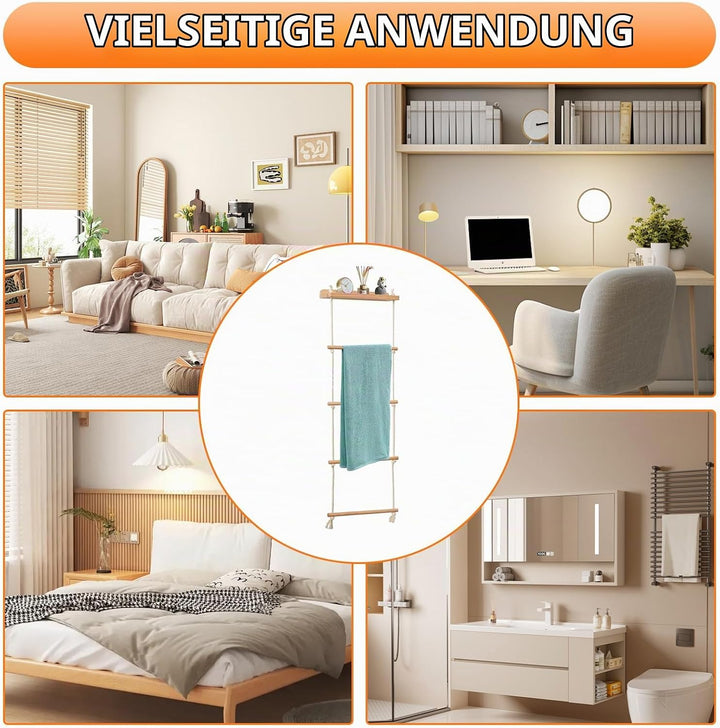 Handtuchleiter, 5-Schicht Handtuchregal Badezimmer Wand Montage Strickleiter Handtuchständer Holz mi