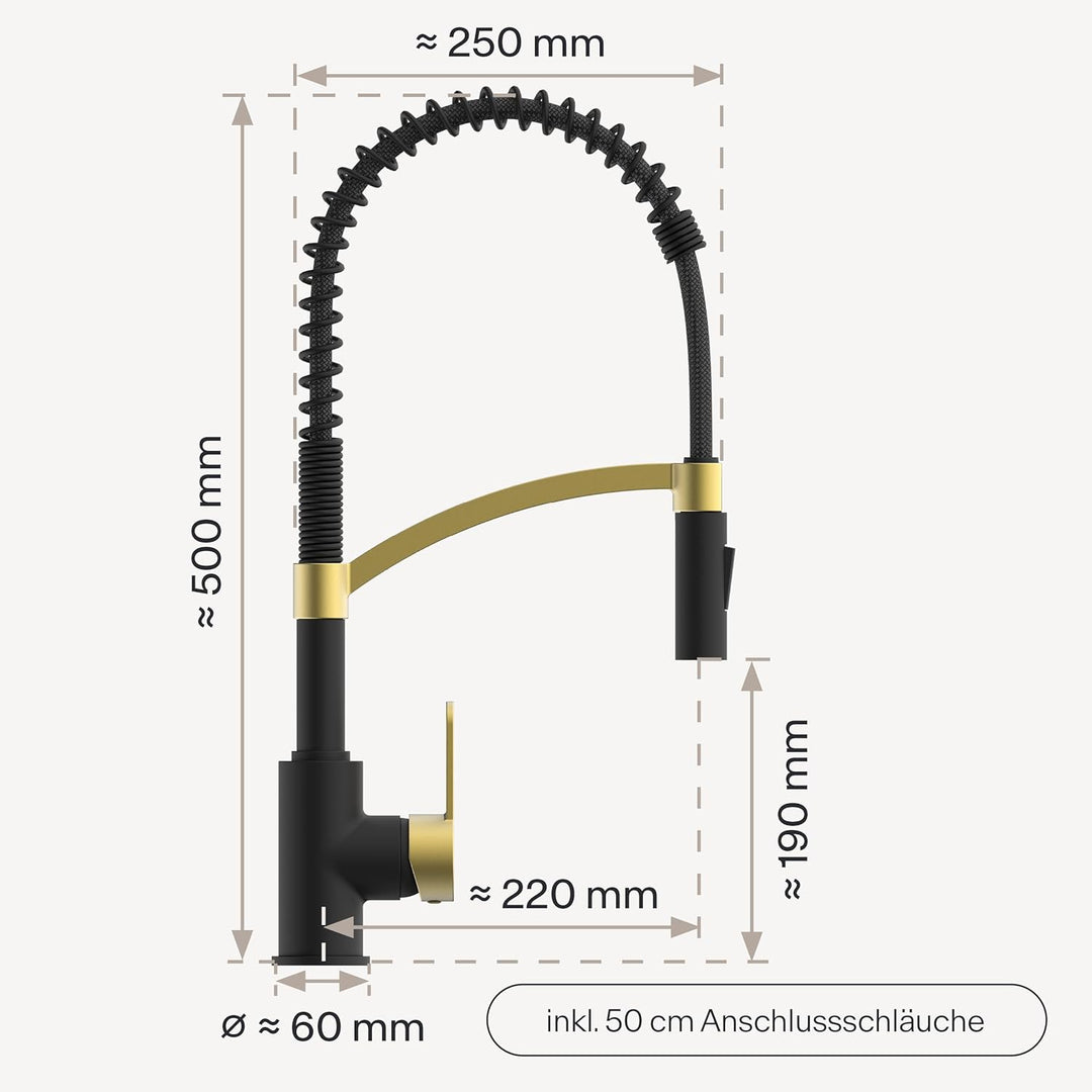 WK3 Küchenarmatur - Design-Wasserhahn Küche - Gold/Schwarz Matt - Herunterziehbare Brause - Armatur