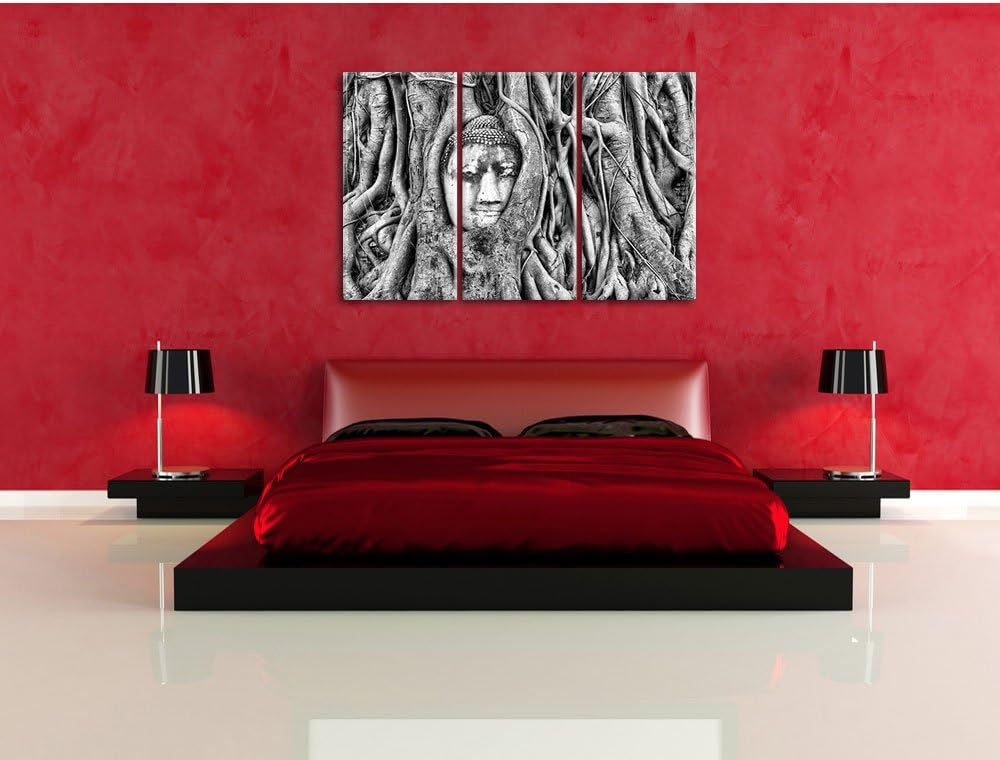 Pixxprint Buddha Kopf im Baum / 3-Teilig/Gesamtmass 120cm Leinwandbild bespannt auf Holzrahmen/Wandb
