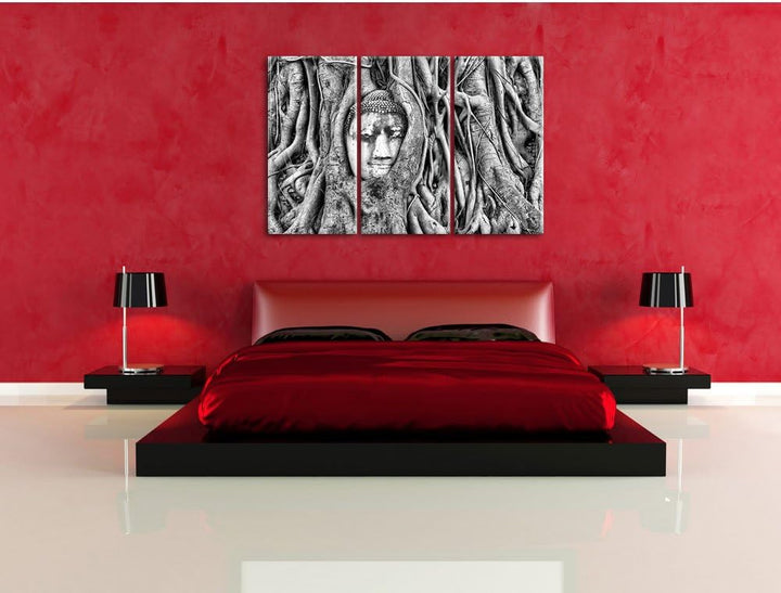 Pixxprint Buddha Kopf im Baum / 3-Teilig/Gesamtmass 120cm Leinwandbild bespannt auf Holzrahmen/Wandb
