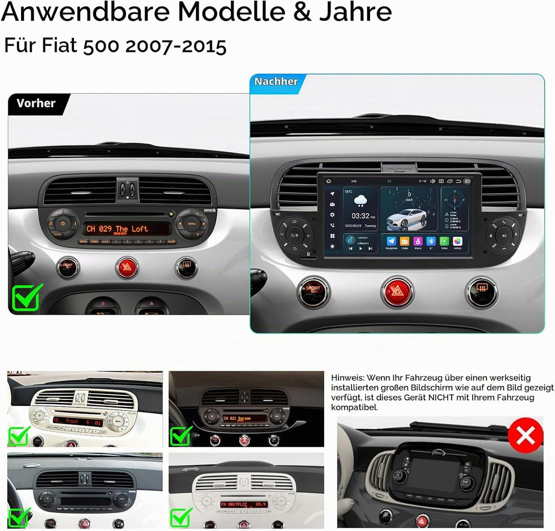 [Black 4+64GB] Autoradio für FIAT 500 2007-2015 mit 7 Zoll Touchscreen, Android 14 Radio Unterstützu