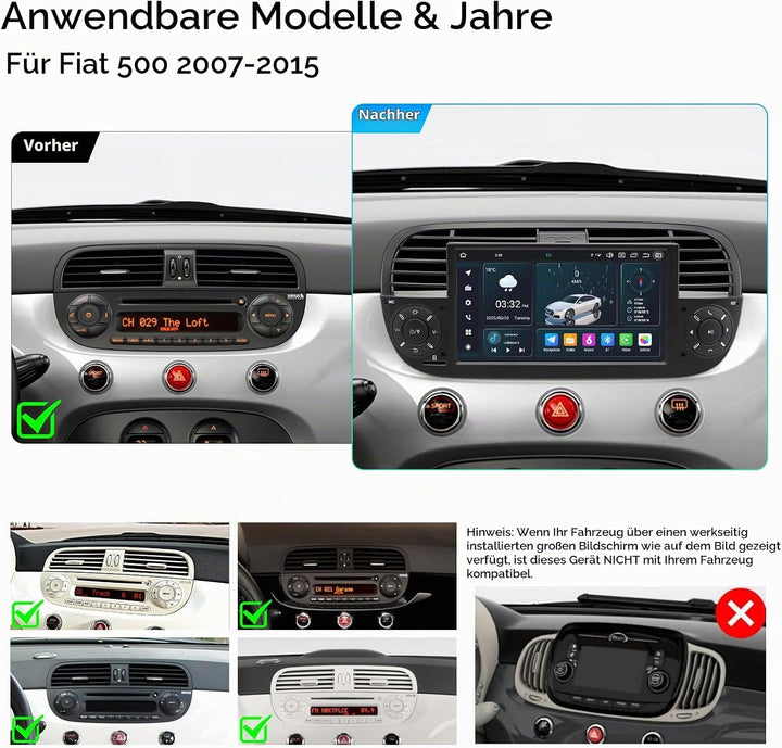 [Black 4+64GB] Autoradio für FIAT 500 2007-2015 mit 7 Zoll Touchscreen, Android 14 Radio Unterstützu