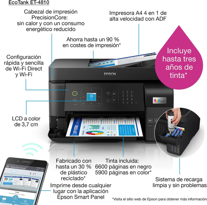 EcoTank ET-4810 A4-Multifunktions-Wi-Fi-Tintentankdrucker, mit einem im Lieferumfang enthaltenen Vor