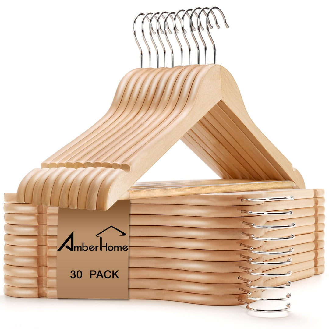 Amber Home 30 Stück 44,5cm Natürliche Kleiderbügel aus Holz mit Stange und Nut, Robust Aufhänger für