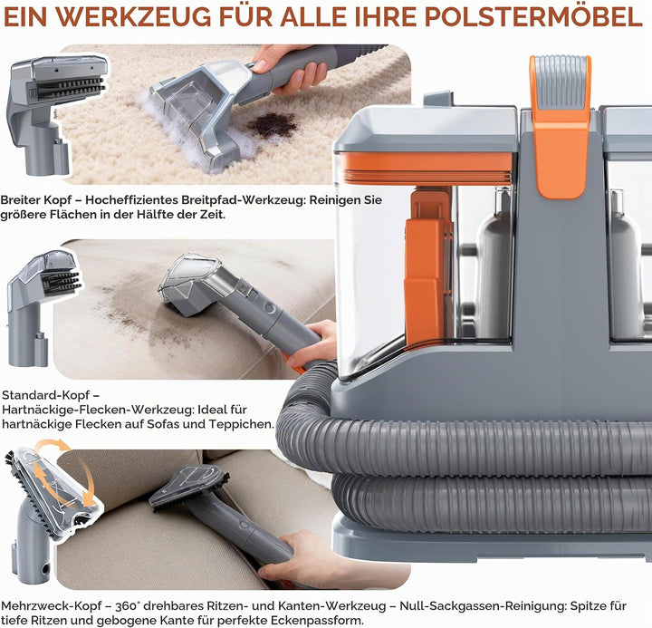 Polsterreiniger Gerät 450W 13kPa, Nasssauger Polsterreiniger für Sofa &amp; Auto, Waschsauger Teppichrei