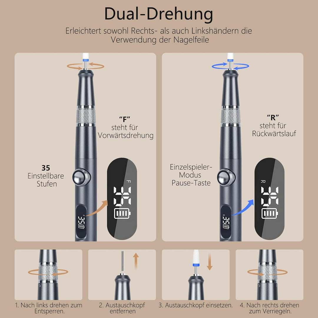 Elektrische Nagelfräser 35000 U/min mit LCD und 12 Aufsätzen | Elektrische Nagelfräser kabellos mit