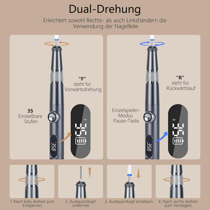 Elektrische Nagelfräser 35000 U/min mit LCD und 12 Aufsätzen | Elektrische Nagelfräser kabellos mit