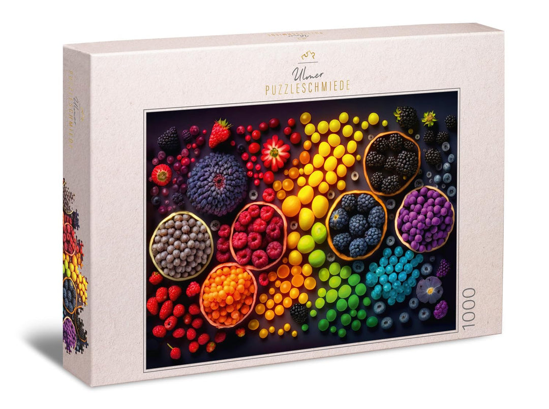 Ulmer Puzzleschmiede - Puzzle 1000 Teile „Rainbow Fruits“ - Farbenfrohes Frucht- und Beeren-Puzzlemo