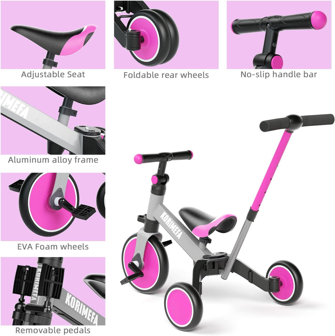 KORIMEFA 4 in 1 Laufräder Laufrad Kinderdreirad Dreirad Lauffahrrad Lauflernhilfe mit Schubstange fü