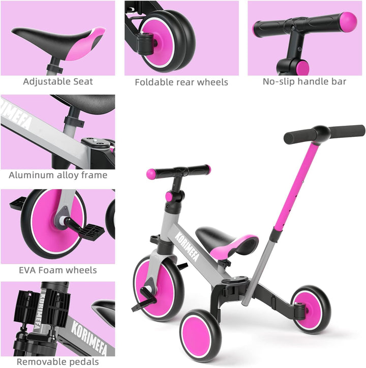 KORIMEFA 4 in 1 Laufräder Laufrad Kinderdreirad Dreirad Lauffahrrad Lauflernhilfe mit Schubstange fü