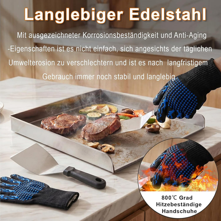 40x30cm Rostfreiem Edelstahl Grillplatte, 2mm Dicke Plancha Grillplatte Mit 2 Grillspachtel und Hoch