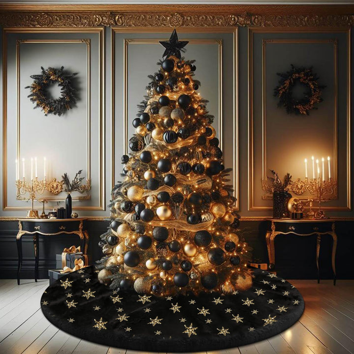Weihnachtsbaumdecke Schwarz, 120 cm Grosser Weihnachtsbaum Rock Schwarz Kunstpelz mit Silbernen Gold