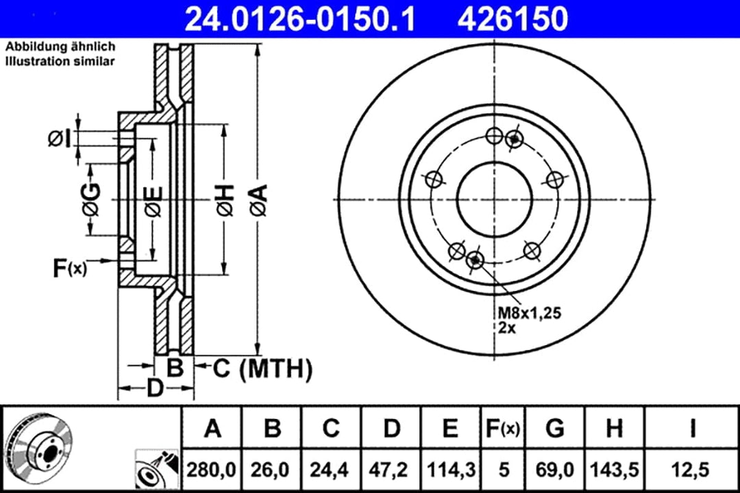ATE Original Bremsscheibe - 2 Bremsscheiben - 24.0126-0150.1 - ECE-R90 Strassenzulassung