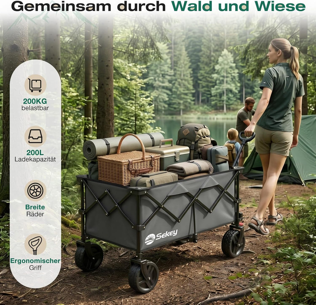Sekey XXL Plus Bollerwagen Faltbar mit Bremsen 200L 200KG Belastbar, Extra Breite Reifen All Terrain