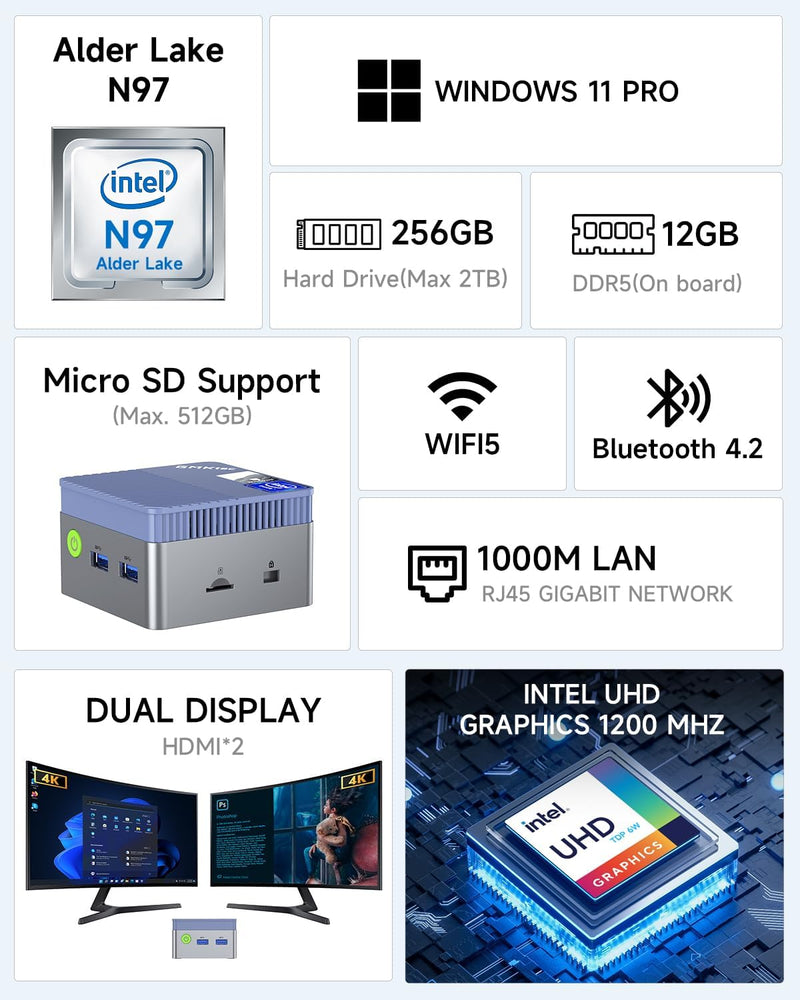 GMKtec Mini-PC N97 mit with Windows 11 Pro, G5 Micro-Desktop-Computer, Intel Alder Lake N97 der 12.