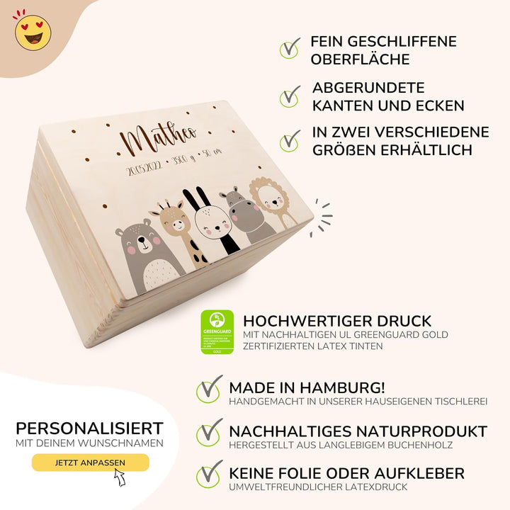 KIDSMOOD - Erinnerungsbox Baby, personalisierte Holzkiste mit Deckel, Ideal zur Aufbewahrung von Eri