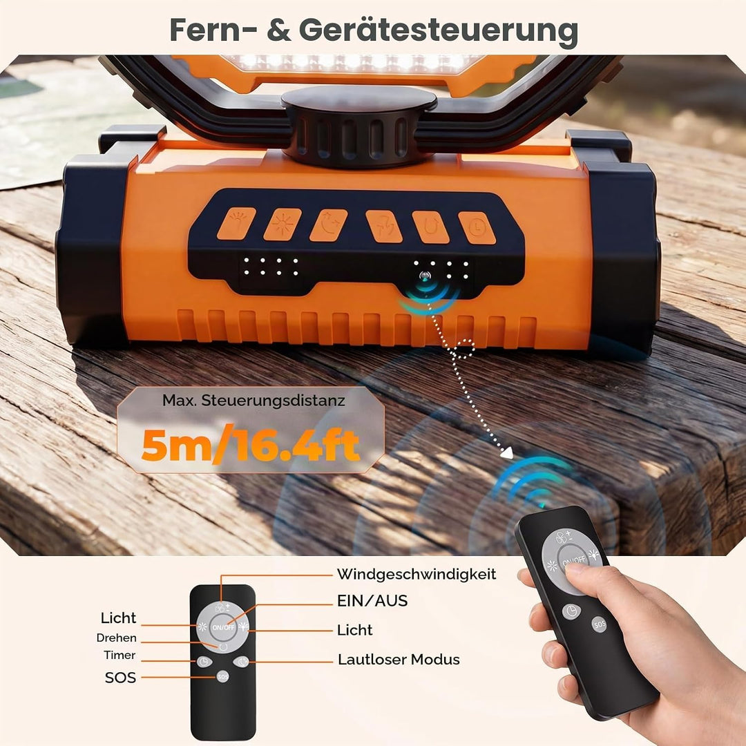 Outdoor Camping Ventilator mit Licht, 20000mAh Akku, wiederaufladbarer tragbarer Ventilator mit Fern